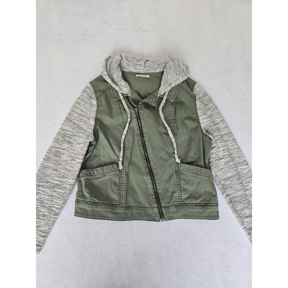 Asymmetric Zip Utility Jacket Women's Medium Crop Mixed Media Knit Sleeve Hooded